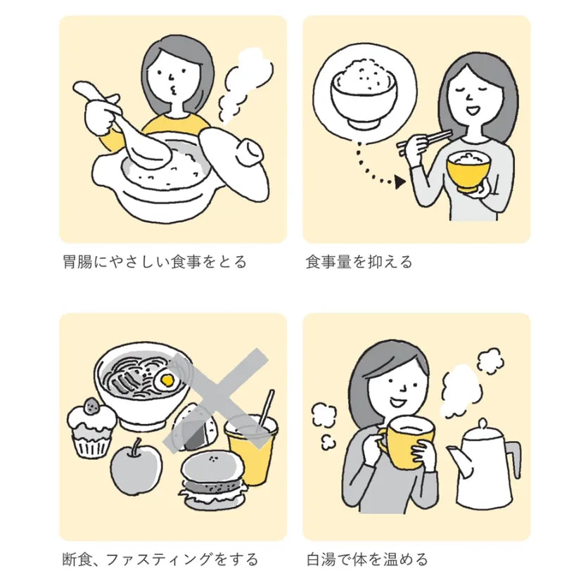 栄養タイプの例：胃腸にやさしい食事、食事量を抑える、断食、白湯